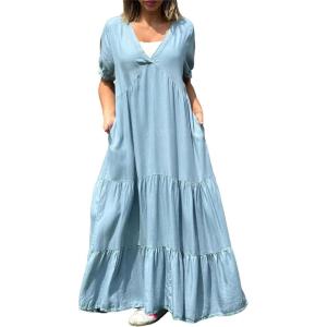 imagechouyatou Womens Summer Boho Loose Tiered Maxi Denim Dress Casual Flowy ALine Tunic Shirt DressLight Blue