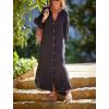 imagechouyatou Women Summer Bishop Sleeve Notch Neck Maxi Shirt Dress Loose Button Down Tunic Shift DressBlack