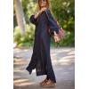 imagechouyatou Women Summer Bishop Sleeve Notch Neck Maxi Shirt Dress Loose Button Down Tunic Shift DressBlack
