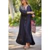 imagechouyatou Women Summer Bishop Sleeve Notch Neck Maxi Shirt Dress Loose Button Down Tunic Shift DressBlack