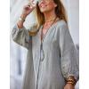 imagechouyatou Women Summer Bishop Sleeve Notch Neck Maxi Shirt Dress Loose Button Down Tunic Shift DressGrey