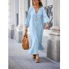 imagechouyatou Women Summer Bishop Sleeve Notch Neck Maxi Shirt Dress Loose Button Down Tunic Shift DressLight Blue