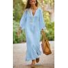 imagechouyatou Women Summer Bishop Sleeve Notch Neck Maxi Shirt Dress Loose Button Down Tunic Shift DressLight Blue