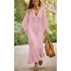 imagechouyatou Women Summer Bishop Sleeve Notch Neck Maxi Shirt Dress Loose Button Down Tunic Shift DressPink