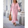 imagechouyatou Women Summer Bishop Sleeve Notch Neck Maxi Shirt Dress Loose Button Down Tunic Shift DressPink