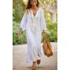 imagechouyatou Women Summer Bishop Sleeve Notch Neck Maxi Shirt Dress Loose Button Down Tunic Shift DressWhite