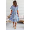 imagechouyatou Women Summer Boho RIC Rac Tiered Striped Midi Dress Button Down Flutter Sleeve Swing Shirt DressBlue