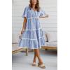 imagechouyatou Women Summer Boho RIC Rac Tiered Striped Midi Dress Button Down Flutter Sleeve Swing Shirt DressBlue