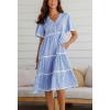 imagechouyatou Women Summer Boho RIC Rac Tiered Striped Midi Dress Button Down Flutter Sleeve Swing Shirt DressBlue