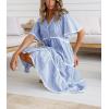 imagechouyatou Women Summer Boho RIC Rac Tiered Striped Midi Dress Button Down Flutter Sleeve Swing Shirt DressBlue