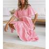 imagechouyatou Women Summer Boho RIC Rac Tiered Striped Midi Dress Button Down Flutter Sleeve Swing Shirt DressRed