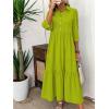 imagechouyatou Womens Casual Button Up Polo Collar Shirt Dress 34 Sleeve Ruffle Tiered Maxi Long DressGreen