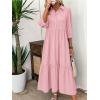 imagechouyatou Womens Casual Button Up Polo Collar Shirt Dress 34 Sleeve Ruffle Tiered Maxi Long DressPink
