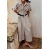 imagechouyatou Womens Contrast Color Striped Shirt Dress Pleated Button Down Maxi Long Tunic DressBlack
