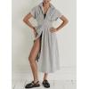 imagechouyatou Womens Contrast Color Striped Shirt Dress Pleated Button Down Maxi Long Tunic DressBlack
