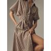 imagechouyatou Womens Contrast Color Striped Shirt Dress Pleated Button Down Maxi Long Tunic DressBrown