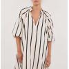 imagechouyatou Womens Summer Half Puff Sleeve Cotton Linen Dress Notch Neck Striped Midi Dress with PocketsBlack Striped