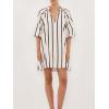 imagechouyatou Womens Summer Half Puff Sleeve Cotton Linen Dress Notch Neck Striped Midi Dress with PocketsBlack Striped