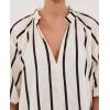imagechouyatou Womens Summer Half Puff Sleeve Cotton Linen Dress Notch Neck Striped Midi Dress with PocketsBlack Striped