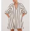 imagechouyatou Womens Summer Half Puff Sleeve Cotton Linen Dress Notch Neck Striped Midi Dress with PocketsBlack Striped