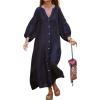 imagechouyatou Women Summer Bishop Sleeve Notch Neck Maxi Shirt Dress Loose Button Down Tunic Shift DressBlack
