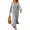 imagechouyatou Women Summer Bishop Sleeve Notch Neck Maxi Shirt Dress Loose Button Down Tunic Shift DressGrey