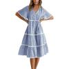 imagechouyatou Women Summer Boho RIC Rac Tiered Striped Midi Dress Button Down Flutter Sleeve Swing Shirt DressBlue
