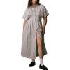 imagechouyatou Womens Contrast Color Striped Shirt Dress Pleated Button Down Maxi Long Tunic DressBlack