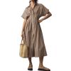 imagechouyatou Womens Contrast Color Striped Shirt Dress Pleated Button Down Maxi Long Tunic DressBrown