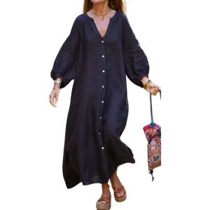 imagechouyatou Women Summer Bishop Sleeve Notch Neck Maxi Shirt Dress Loose Button Down Tunic Shift DressBlack