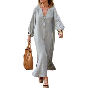 imagechouyatou Women Summer Bishop Sleeve Notch Neck Maxi Shirt Dress Loose Button Down Tunic Shift DressGrey