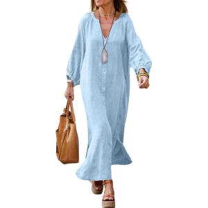 imagechouyatou Women Summer Bishop Sleeve Notch Neck Maxi Shirt Dress Loose Button Down Tunic Shift DressLight Blue