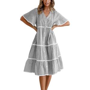 imagechouyatou Women Summer Boho RIC Rac Tiered Striped Midi Dress Button Down Flutter Sleeve Swing Shirt DressBlack