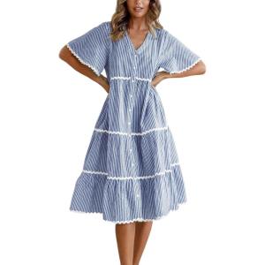 imagechouyatou Women Summer Boho RIC Rac Tiered Striped Midi Dress Button Down Flutter Sleeve Swing Shirt DressBlue