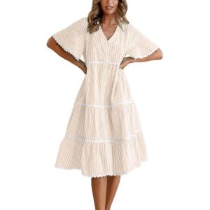 imagechouyatou Women Summer Boho RIC Rac Tiered Striped Midi Dress Button Down Flutter Sleeve Swing Shirt DressKhaki