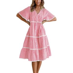 imagechouyatou Women Summer Boho RIC Rac Tiered Striped Midi Dress Button Down Flutter Sleeve Swing Shirt DressRed