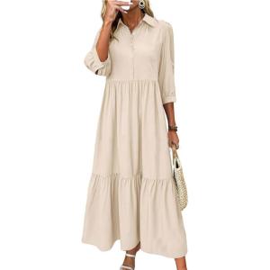 imagechouyatou Womens Casual Button Up Polo Collar Shirt Dress 34 Sleeve Ruffle Tiered Maxi Long DressApricot