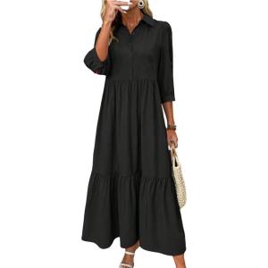 imagechouyatou Womens Casual Button Up Polo Collar Shirt Dress 34 Sleeve Ruffle Tiered Maxi Long DressBlack
