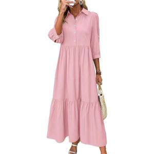 imagechouyatou Womens Casual Button Up Polo Collar Shirt Dress 34 Sleeve Ruffle Tiered Maxi Long DressPink