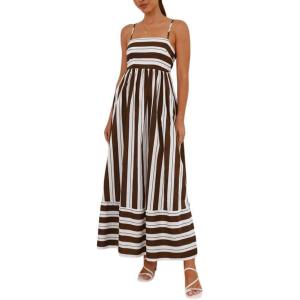 imagechouyatou Womens Summer Striped Spaghetti Strap Maxi Dress Boho Flowy Swing Back Smocked Beach SundressBrown