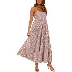 imagechouyatou Womens Summer Striped Spaghetti Strap Maxi Dress Boho Flowy Swing Back Smocked Beach SundressLight Brown