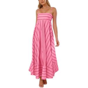 imagechouyatou Womens Summer Striped Spaghetti Strap Maxi Dress Boho Flowy Swing Back Smocked Beach SundressWatermelon Red