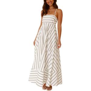 imagechouyatou Womens Summer Striped Spaghetti Strap Maxi Dress Boho Flowy Swing Back Smocked Beach SundressWhite