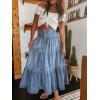 imagechouyatou Womens Boho Frayed Tiered Denim Skirt Pleated Ruffle A Line Swing Skirt Y2k Maxi Long Jean SkirtBlue