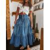 imagechouyatou Womens Boho Frayed Tiered Denim Skirt Pleated Ruffle A Line Swing Skirt Y2k Maxi Long Jean SkirtDark Blue