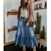 imagechouyatou Womens Boho Frayed Tiered Denim Skirt Pleated Ruffle A Line Swing Skirt Y2k Maxi Long Jean SkirtDark Blue