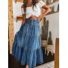 imagechouyatou Womens Boho Frayed Tiered Denim Skirt Pleated Ruffle A Line Swing Skirt Y2k Maxi Long Jean SkirtDark Blue