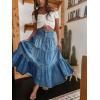 imagechouyatou Womens Boho Frayed Tiered Denim Skirt Pleated Ruffle A Line Swing Skirt Y2k Maxi Long Jean SkirtDark Blue