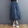 imagechouyatou Womens Casual Vintage Distressed Jean Skirt Elastic High Waisted A Line Midi Flare Denim SkirtDark Blue
