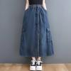imagechouyatou Womens Casual Vintage Distressed Jean Skirt Elastic High Waisted A Line Midi Flare Denim SkirtDark Blue